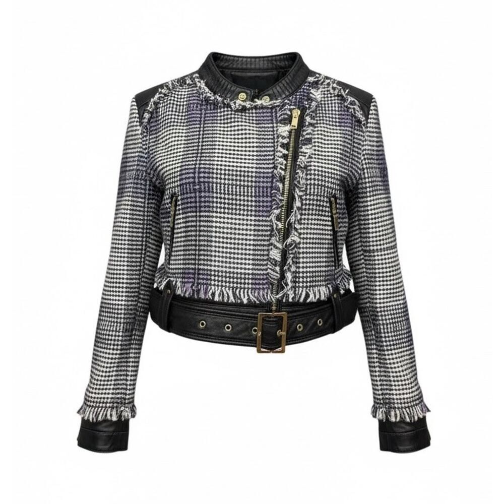 Apart Cropped Leather & Wool Blend Biker Jacket Fringe Trim sz 8 - Picture 1 of 15